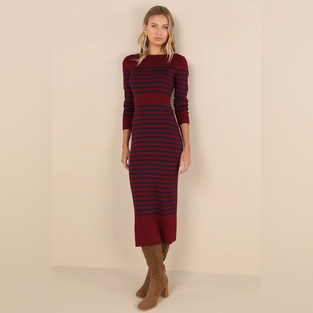 Effortlessly Ready Burgundy Striped Ribbed Midi Sweater Dress - M